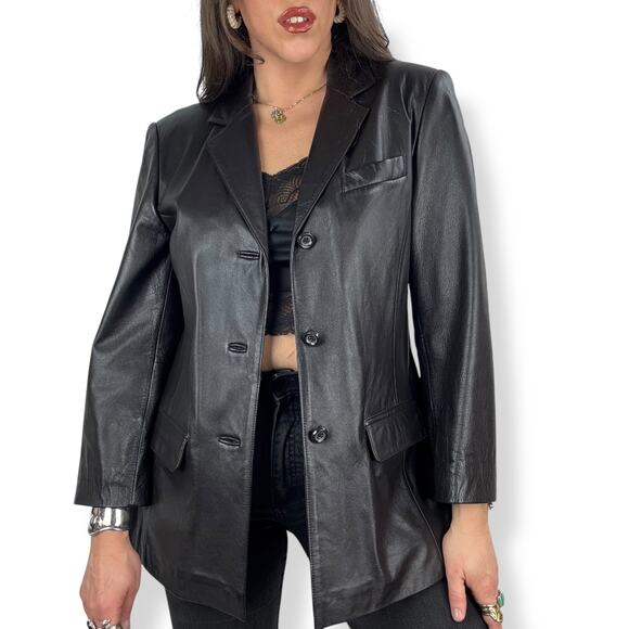 90's JACQUELINE FERRAR designer black Nappa leather blazer jacket